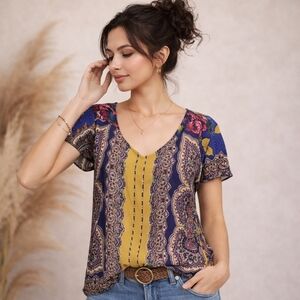 MOULINETTE SOEURS Anthropologie Paisley Cap Sleeve Blouse Sz 2